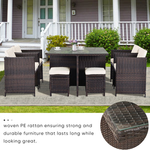 U_Style 9 Piece Rattan Conversation Set with Cushions, Patio Rattan Dining Set