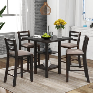 TREXM 5-Piece Wooden Counter Height Dining Set, Square Dining Table with 2-Tier Storage Shelving and 4 Padded Chairs, Espresso