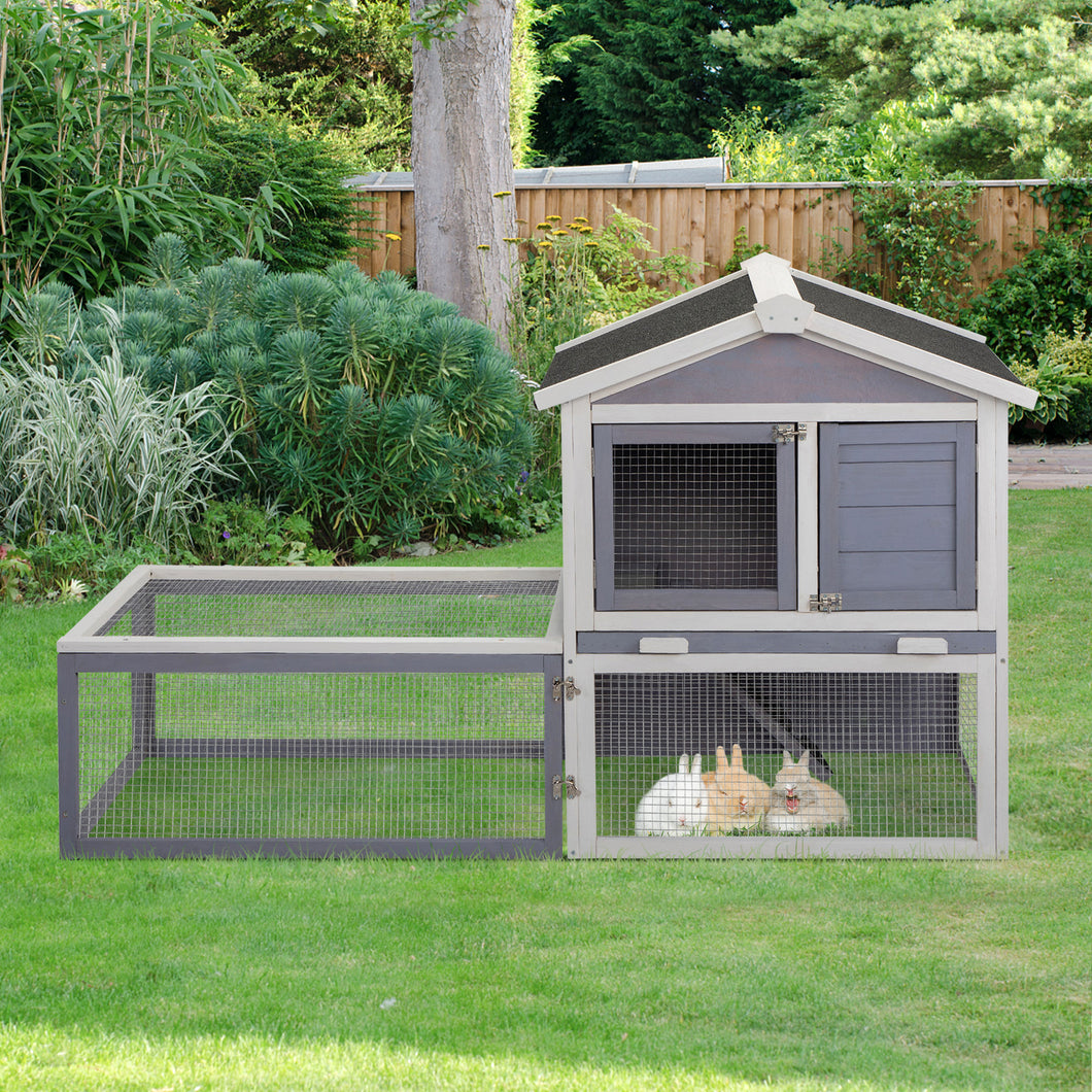 2-Tier Rabbit Hutch with Large Removable Run, Outdoor Bunny Cage for Backyard, Solid Wood Pet House, Gray and White