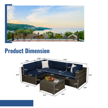 Load image into Gallery viewer, Beefurni Outdoor Garden Patio Furniture 5-Piece Dark Gray PE Rattan Wicker Sectional Navy Cushioned Sofa Sets with 2 Begie Pillows
