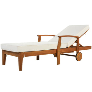 TOPMAX Outdoor Solid Wood 78.8" Chaise Lounge Patio Reclining Daybed with Cushion, Wheels and Sliding Cup Table for Backyard, Garden, Poolside,Brown Wood Finish+Beige Cushion, Set of 2