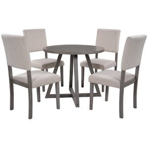TOPMAX Mid-Century Wood  5-Piece Kitchen Dining Table Set with Round Table, 4 Upholstered Dining Chairs for Small Places, Gray Table + Beige Chair