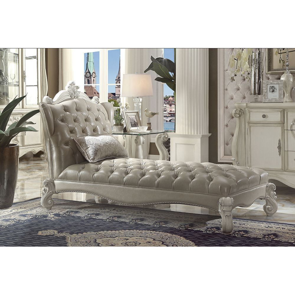 ACME Versailles Chaise & Pillow in Vintage Gray PU & Bone White 96542
