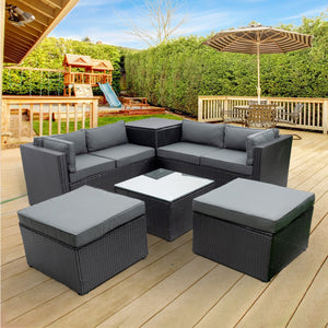 6 Piece Patio Rattan Wicker Outdoor Furniture Conversation Sofa Set with Storage Box Removeable Cushions and Temper glass TableTop