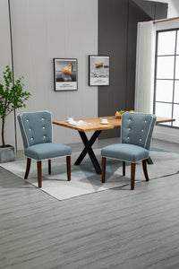 Classic Set of 2 Blue Linen Fabric Upholstered Solid Wood Legs Kitchen Dining Chair
