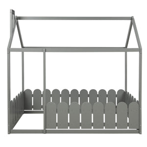 （Slats are not included) Twin Size Wood Bed House Bed Frame with Fence, for Kids, Teens, Girls, Boys (Gray )