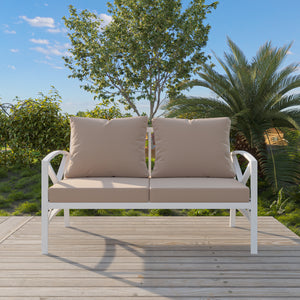 Outdoor Metal Loveseat with Cushions, All-Weather Outdoor Gray Metal 2 Seats Sofa Couch with Grey Cushions White Beige