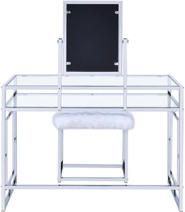 ACME Carenze II Curio Cabinet in White Faux Fur & Chrome 90314