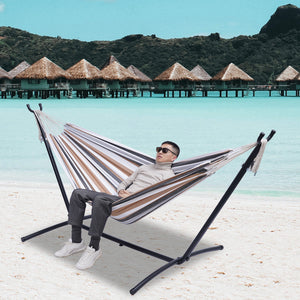 Double Classic Hammock with Stand for 2 Person- Indoor or Outdoor Use-with Carrying Pouch-Powder-coated Steel Frame - Durable 450 Pound Capacity，Brown/Gray Striped