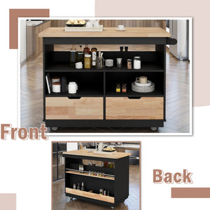 Kitchen Cart Rolling Mobile Kitchen Island Solid Wood Top, Kitchen Cart With 2 Drawers,Tableware Cabinet（Black）