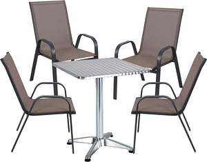 BTExpert Indoor Outdoor 27.5" Square Restaurant Table Stainless Steel Silver Aluminum + 4 Brown Flexible Sling Stack Chairs Commercial Lightweight