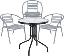 Load image into Gallery viewer, BTExpert Indoor Outdoor 23.75&quot; Round Tempered Glass Metal Table Black + 3 Silver Gray Restaurant Metal Aluminum Slat Stack Chairs Lightweight
