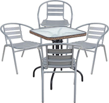 Load image into Gallery viewer, BTExpert Indoor Outdoor 28&quot; Square Tempered Glass Metal Table Brown Rattan Trim + 4 Silver Gray Restaurant Metal Aluminum Slat Stack Chairs Lightweight
