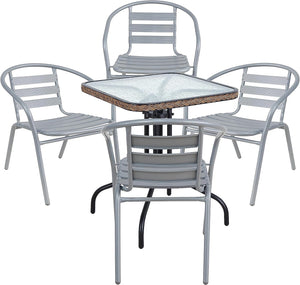 BTExpert Indoor Outdoor 28" Square Tempered Glass Metal Table Brown Rattan Trim + 4 Silver Gray Restaurant Metal Aluminum Slat Stack Chairs Lightweight