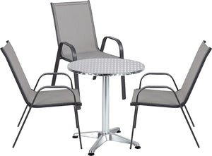 BTExpert Indoor Outdoor 27.5" Round Restaurant Table Stainless Steel Silver Aluminum + 3 Gray Flexible Sling Stack Chairs Commercial Lightweight