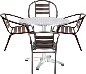 BTExpert Indoor Outdoor 27.5" Round Restaurant Table Stainless Steel Silver Aluminum + 4 Bronze Metal Slat Stack Chairs Lightweight