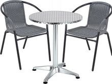 Load image into Gallery viewer, BTExpert Indoor Outdoor 27.5&quot; Round Restaurant Table Stainless Steel Silver Aluminum + 2 Gray Restaurant Rattan Stack Chairs Commercial Lightweight
