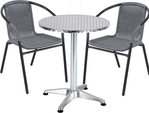 BTExpert Indoor Outdoor 27.5" Round Restaurant Table Stainless Steel Silver Aluminum + 2 Gray Restaurant Rattan Stack Chairs Commercial Lightweight