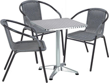 Load image into Gallery viewer, BTExpert Indoor Outdoor 27.5&quot; Square Restaurant Table Stainless Steel Silver Aluminum + 3 Gray Restaurant Rattan Stack Chairs Commercial Lightweight
