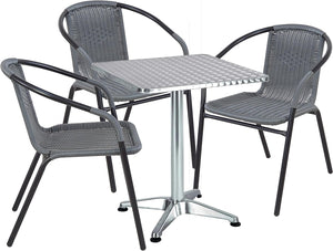 BTExpert Indoor Outdoor 27.5" Square Restaurant Table Stainless Steel Silver Aluminum + 3 Gray Restaurant Rattan Stack Chairs Commercial Lightweight