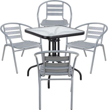 Load image into Gallery viewer, BTExpert Indoor Outdoor 23.75&quot; Square Tempered Glass Metal Table Black + 4 Silver Gray Restaurant Metal Aluminum Slat Stack Chairs Commercial
