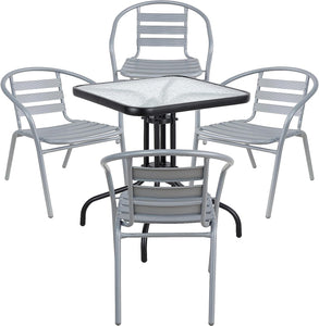BTExpert Indoor Outdoor 23.75" Square Tempered Glass Metal Table Black + 4 Silver Gray Restaurant Metal Aluminum Slat Stack Chairs Commercial