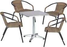 Load image into Gallery viewer, BTExpert Indoor Outdoor 27.5&quot; Square Restaurant Table Stainless Steel Silver Aluminum + 4 Brown Restaurant Rattan Stack Chairs Commercial Lightweight
