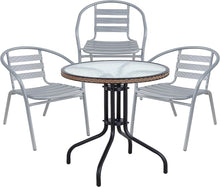 Load image into Gallery viewer, BTExpert Indoor Outdoor 28&quot; Round Tempered Glass Metal Table Brown Rattan Trim + 3 Silver Gray Restaurant Metal Aluminum Slat Stack Chairs Lightweight
