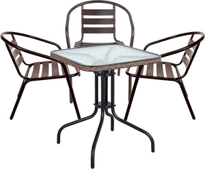 BTExpert Indoor Outdoor 28" Square Tempered Glass Metal Table Brown Rattan Trim + 3 Bronze Restaurant Metal Aluminum Slat Stack Chairs Lightweight