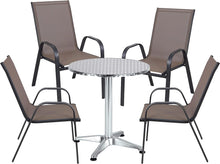 Load image into Gallery viewer, BTExpert Indoor Outdoor 27.5&quot; Round Restaurant Table Stainless Steel Silver Aluminum + 4 Brown Flexible Sling Stack Chairs Commercial Lightweight
