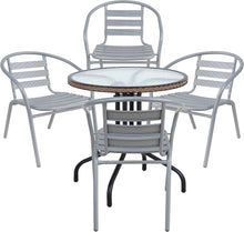 Load image into Gallery viewer, BTExpert Indoor Outdoor 28&quot; Round Tempered Glass Metal Table Brown Rattan Trim + 4 Silver Gray Restaurant Metal Aluminum Slat Stack Chairs Lightweight
