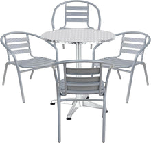 Load image into Gallery viewer, BTExpert Indoor Outdoor 27.5&quot; Round Restaurant Table Stainless Steel Silver Aluminum + 4 Silver Gray Metal Slat Stack Chairs Lightweight
