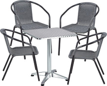 Load image into Gallery viewer, BTExpert Indoor Outdoor 27.5&quot; Square Restaurant Table Stainless Steel Silver Aluminum + 4 Gray Restaurant Rattan Stack Chairs Commercial Lightweight
