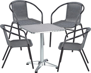 BTExpert Indoor Outdoor 27.5" Square Restaurant Table Stainless Steel Silver Aluminum + 4 Gray Restaurant Rattan Stack Chairs Commercial Lightweight