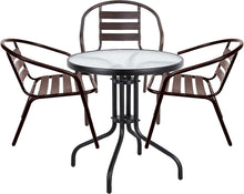 Load image into Gallery viewer, BTExpert Indoor Outdoor 23.75&quot; Round Tempered Glass Metal Table Black + 3 Bronze Restaurant Metal Aluminum Slat Stack Chairs Lightweight
