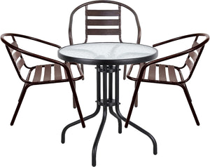 BTExpert Indoor Outdoor 23.75" Round Tempered Glass Metal Table Black + 3 Bronze Restaurant Metal Aluminum Slat Stack Chairs Lightweight