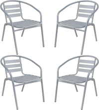 Load image into Gallery viewer, BTExpert Indoor Outdoor 23.75&quot; Round Restaurant Table Stainless Steel Silver Aluminum + 4 Silver Gray Metal Slat Stack Chairs Lightweight
