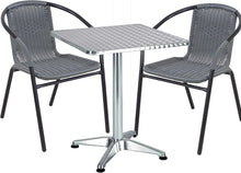 Load image into Gallery viewer, BTExpert Indoor Outdoor 27.5&quot; Square Restaurant Table Stainless Steel Silver Aluminum + 2 Gray Restaurant Rattan Stack Chairs Commercial Lightweight
