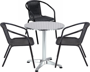 BTExpert Indoor Outdoor 27.5" Round Restaurant Table Stainless Steel Silver Aluminum + 3 Black Restaurant Rattan Stack Chairs Commercial Lightweight