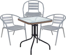 Load image into Gallery viewer, BTExpert Indoor Outdoor 28&quot; Square Tempered Glass Metal Table Brown Rattan Trim + 3 Silver Gray Restaurant Metal Aluminum Slat Stack Chairs Lightweight
