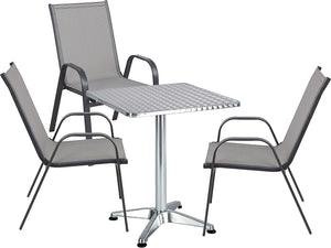 BTExpert Indoor Outdoor 27.5" Square Restaurant Table Stainless Steel Silver Aluminum + 3 Gray Flexible Sling Stack Chairs Commercial Lightweight
