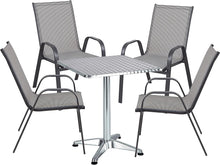 Load image into Gallery viewer, BTExpert Indoor Outdoor 27.5&quot; Square Restaurant Table Stainless Steel Silver Aluminum + 4 Gray Flexible Sling Stack Chairs Commercial Lightweight
