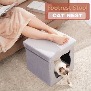 Velvet Folding Pet Ottoman,Footrest Stool with Cat Bed
