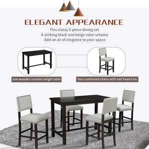 TREXM 5-Piece Counter Height Dining Set, Classic Elegant Table and 4 Chairs in Espresso and Beige