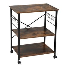 Load image into Gallery viewer, Wood Kitchen Cart with 3-Tier Storage Space, Movable Microwave Stand with 10 Hooks - Brown and Frosted Black
