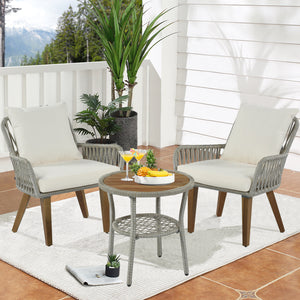 TOPMAX Patio 3-Piece Bistro Set Woven-Rope Conversation Set with Wood Tabletop and Cushions for Balcony, Gray Rope+Beige Fabric