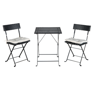 BEEFURNI Patio Black PE Wicker Folding Bistro Set One Table With Two Chairs And Two Beige Cushion
