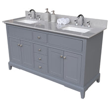 Load image into Gallery viewer, Montary 61 inches bathroom stone vanity top calacatta gray engineered marble color with undermount ceramic sink and 3 faucet hole with backsplash
