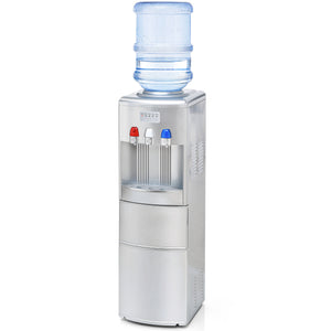 Water Dispenser with Built-In Ice Maker, 2 in 1 Top Loading Water Cooler, Hot & Cold Water, Child Safety Lock, Silver