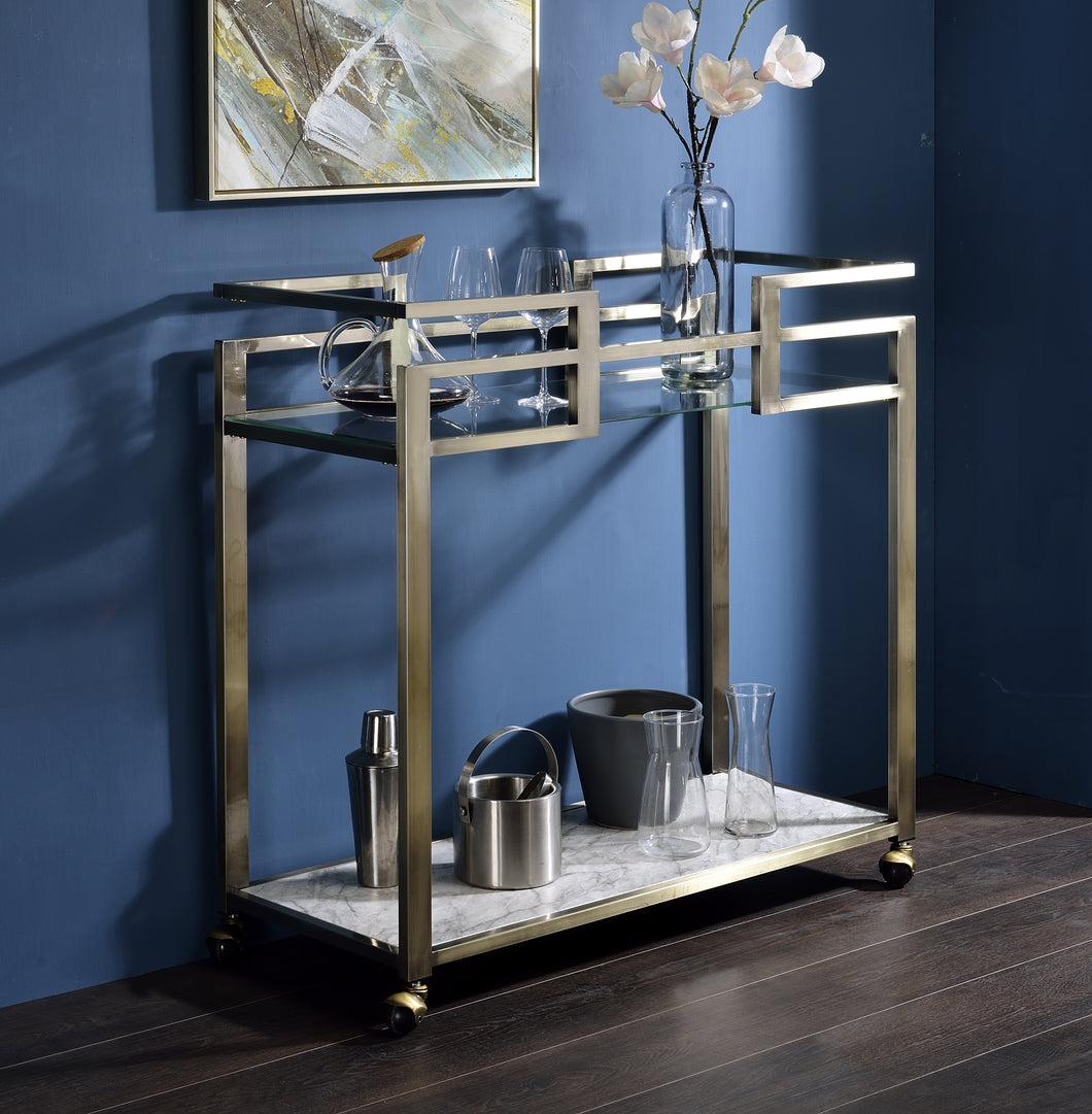 ACME Neilo Serving Cart in Clear Glass, Faux Marble & Wire Brass Finish AC00159